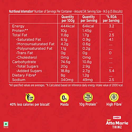 Unibic Atta Marie Thinz, 495 g  4No Less Calories Per Biscuit, No Maida, Atta, Rich In Fibre, Rich In Protein