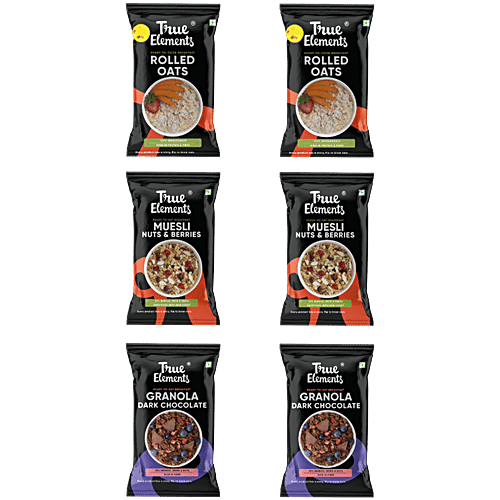 True Elements Weekly Breakfast Combo - Rolled Oats (38 g x 2) + Nuts & Berries Muesli (30 g x 2) + Baked Granola Almonds & Dark Chocolate (30 g x 2), 196 g Pillow Pouch 