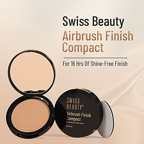 Swiss Beauty Airbrush Finish Compact With SPF 10 - 16 Hours Of Oil Control Matte Finish, 9 g Sandalwood Longwear Comfortable Makeup, Mineral Oil Free, Formaldehyde Free, Paraben Free, Phthalates Free, Alcohol Free