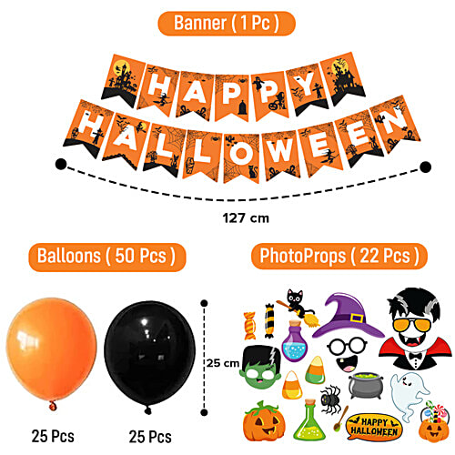 Party Propz Halloween Theme Decoration Kit, 73 pcs (25 Orange & Black Balloons Each, 1 Banner, 22 Photobooth Props) 