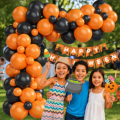 Party Propz Halloween Theme Decoration Kit, 73 pcs (25 Orange & Black Balloons Each, 1 Banner, 22 Photobooth Props) 