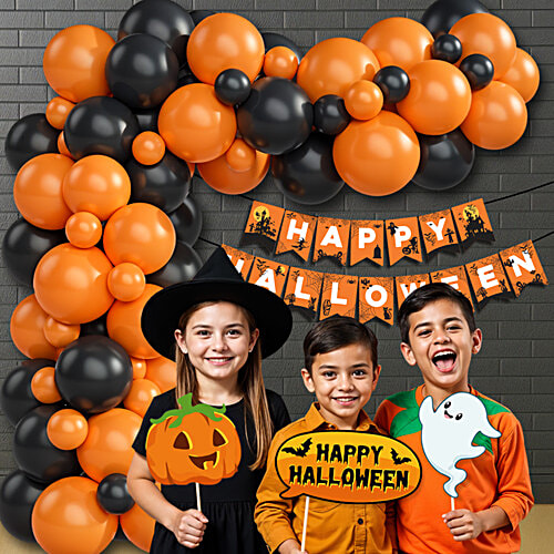 Party Propz Halloween Theme Decoration Kit, 73 pcs (25 Orange & Black Balloons Each, 1 Banner, 22 Photobooth Props) 