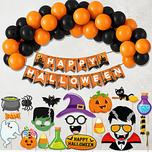 Party Propz Halloween Theme Decoration Kit, 73 pcs (25 Orange & Black Balloons Each, 1 Banner, 22 Photobooth Props) 