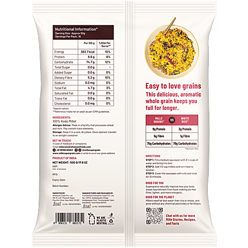 Mille Unpolished Kodo Millet, 500 g Naturally Gluten Free, Kodra, Varagu, Arikelu, Hark, Varigu,Gluten Free, High Plant Protein and Fibre, Dosa, Uttapam, Dhokla Batter Replacement, Vegan