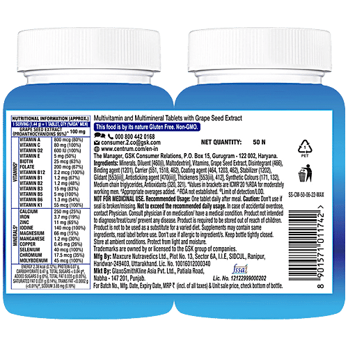Centrum Men With Grape Seed Extract, Vitamin C & 22  Vital Nutrients For Overall Health, Strong Muscles & Immunity, 50 pcs  World's No.1 Multivitamin