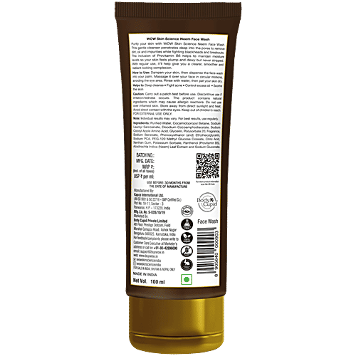 Wow Skin Science Neem Face Wash - Purifies Skin, Unclogs Pores, Fights Acne, Calms Skin, 100 ml  