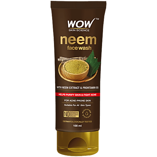 Wow Skin Science Neem Face Wash - Purifies Skin, Unclogs Pores, Fights Acne, Calms Skin, 100 ml  