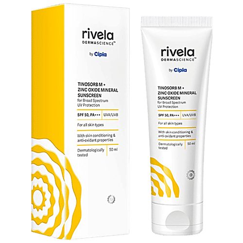 RIVELA DERMASCIENCE Tinosorb M + Zinc Oxide Mineral Sunscreen - SPF 50, PA +++, 50 ml  With Skin Conditioning and anti-oxidant properties