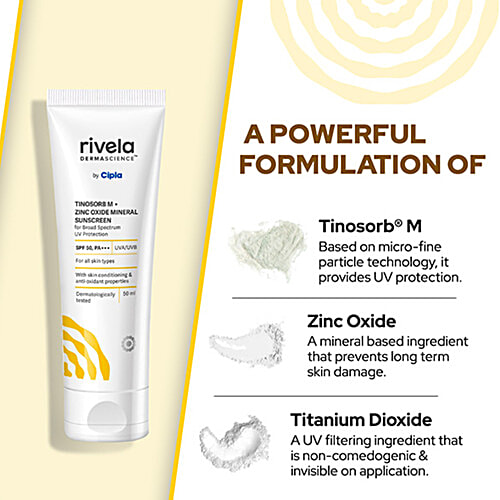 RIVELA DERMASCIENCE Tinosorb M + Zinc Oxide Mineral Sunscreen - SPF 50, PA +++, 50 ml  With Skin Conditioning and anti-oxidant properties