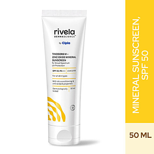 RIVELA DERMASCIENCE Tinosorb M + Zinc Oxide Mineral Sunscreen - SPF 50, PA +++, 50 ml  With Skin Conditioning and anti-oxidant properties