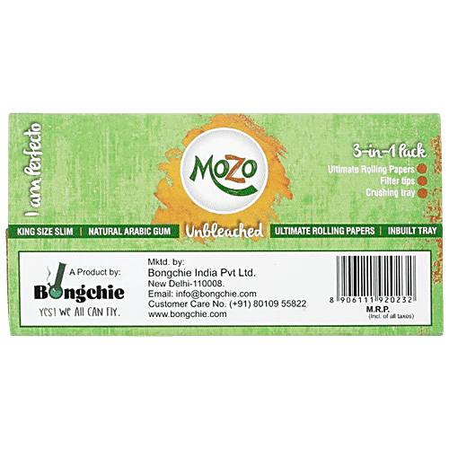 Bongchie Mozo 3 In 1 Unbleached Rolling Papers - With Leaves Filters & Tray, 1 pc (32 Papers + 32 Filters) Natural Arabic Gum, King Size Slim