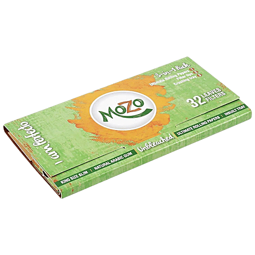 Bongchie Mozo 3 In 1 Unbleached Rolling Papers - With Leaves Filters & Tray, 1 pc (32 Papers + 32 Filters) Natural Arabic Gum, King Size Slim