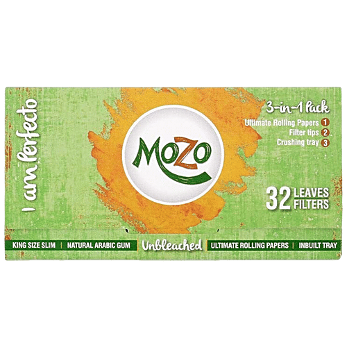 Bongchie Mozo 3 In 1 Unbleached Rolling Papers - With Leaves Filters & Tray, 1 pc (32 Papers + 32 Filters) Natural Arabic Gum, King Size Slim