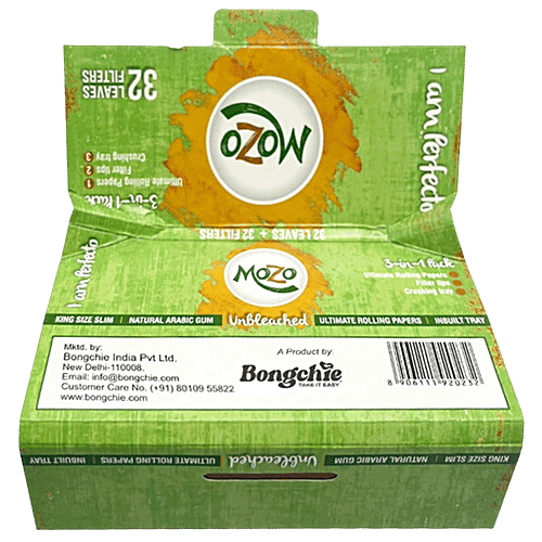 Bongchie Mozo 3 In 1 Unbleached Rolling Papers - With Leaves Filters & Tray, 1 pc (32 Papers + 32 Filters) Natural Arabic Gum, King Size Slim