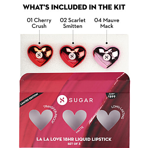 Sugar Cosmetics La La Love 18HR Liquid Lipstick, 15 ml (Set of 3) 01 Cherry Crush, 02 Scarlet Smitten, 04 Mauve Mack Transfer Proof, Matte, Long-lasting