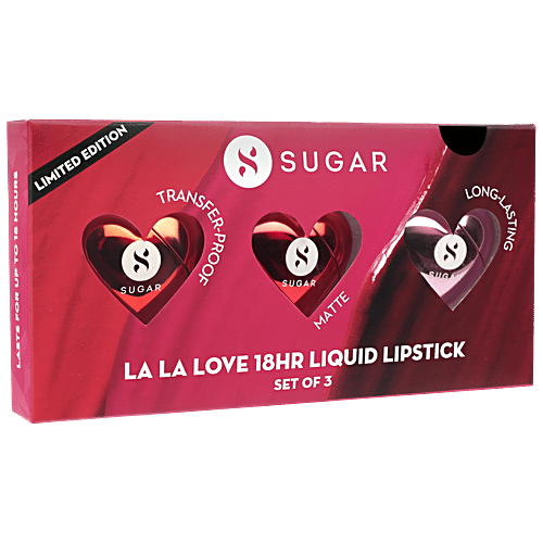 Sugar Cosmetics La La Love 18HR Liquid Lipstick, 15 ml (Set of 3) 01 Cherry Crush, 02 Scarlet Smitten, 04 Mauve Mack Transfer Proof, Matte, Long-lasting