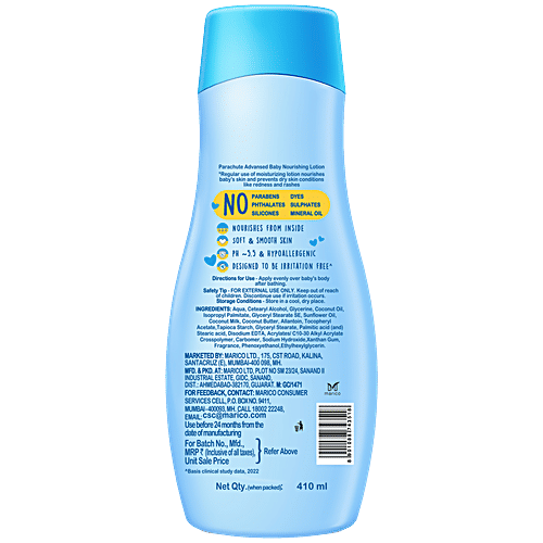 Parachute Advansed Baby Lotion For New Born Babies - Doctor Certified, Virgin Coconut Oil & Coconut Milk, Ph 5.5, 410 ml  Moisturises For 24 Hours, Protects From Redness & Rashes