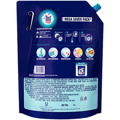 Surf Excel Matic Top Load Liquid Detergent, 4 L Pouch