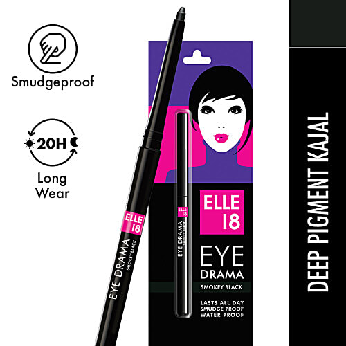 Elle 18 Eye Drama Kajal, 0.35 g Smokey Black Smudge Proof, Water Proof, Long Wear