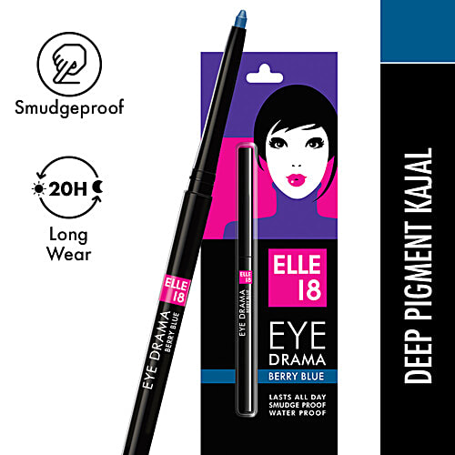 Elle 18 Eye Drama Kajal, 0.35 g Berry Blue Smudge Proof, Water Proof, Long Wear