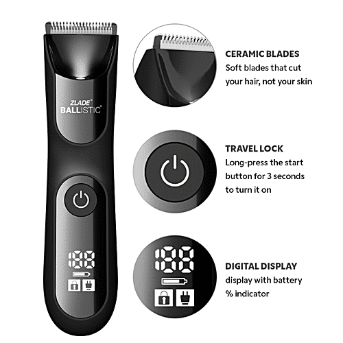 Zlade Ballistic Pro Full-Body Manscaping Trimmer with Ceramic Blades | Waterproof | Digital Display | Beard, Body, Bush, 430 g  