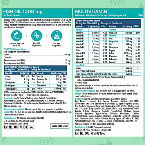 Healthkart HK Vitals Multivitamin Tablets & Fish Oil Capsules Combo For Women & Men, 120 pcs (60 + 60 pcs)