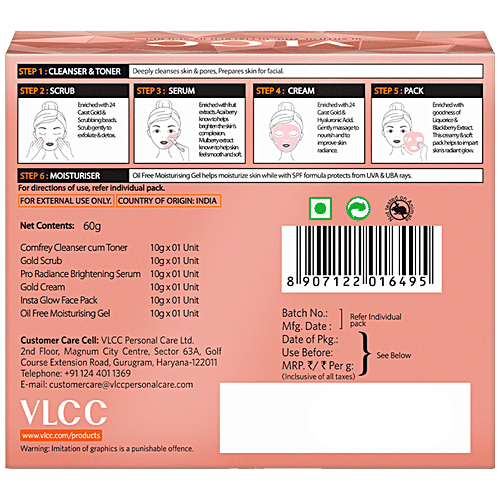 VLCC Gold Facial Kit For Sensitive Skin With 24K Gold, Hyaluronic Acid & Vitamin C, 60 g