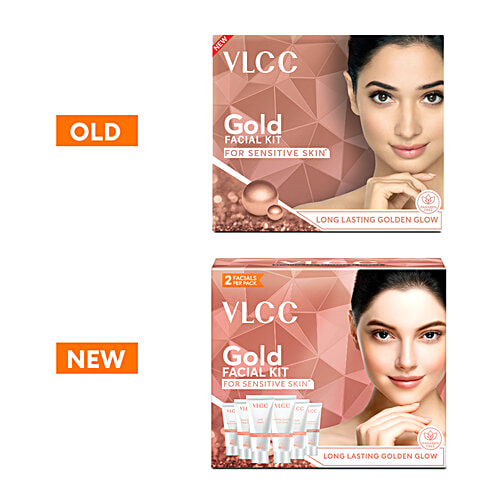 VLCC Gold Facial Kit For Sensitive Skin With 24K Gold, Hyaluronic Acid & Vitamin C, 60 g