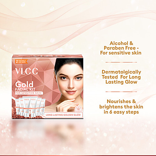 VLCC Gold Facial Kit For Sensitive Skin With 24K Gold, Hyaluronic Acid & Vitamin C, 60 g