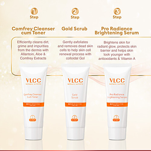 VLCC Gold Facial Kit For Sensitive Skin With 24K Gold, Hyaluronic Acid & Vitamin C, 60 g