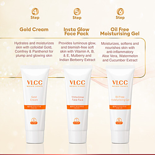 VLCC Gold Facial Kit For Sensitive Skin With 24K Gold, Hyaluronic Acid & Vitamin C, 60 g