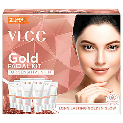VLCC Gold Facial Kit For Sensitive Skin With 24K Gold, Hyaluronic Acid & Vitamin C, 60 g
