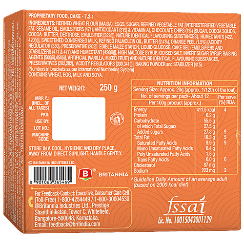 Britannia Choco Chip Orange Cake, 250 g