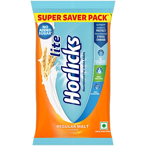 Horlicks Lite Regular Malt Nutrition Drink, 400 g Pouch Cereal Based Beverage, No Added Sugar, High Protein, Zero Cholesterol