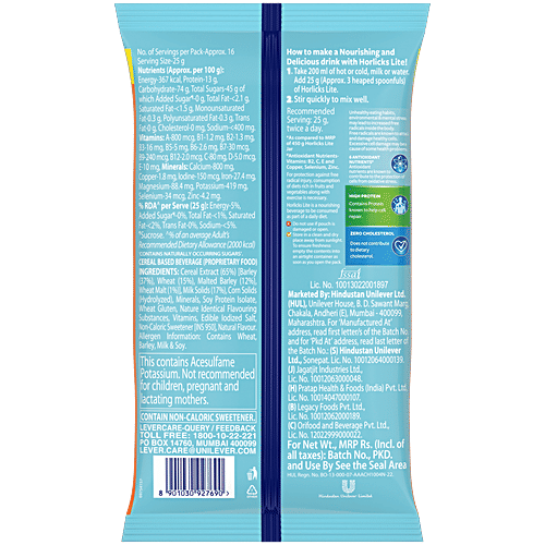 Horlicks Lite Regular Malt Nutrition Drink, 400 g Pouch Cereal Based Beverage, No Added Sugar, High Protein, Zero Cholesterol