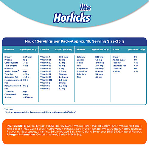 Horlicks Lite Regular Malt Nutrition Drink, 400 g Pouch Cereal Based Beverage, No Added Sugar, High Protein, Zero Cholesterol
