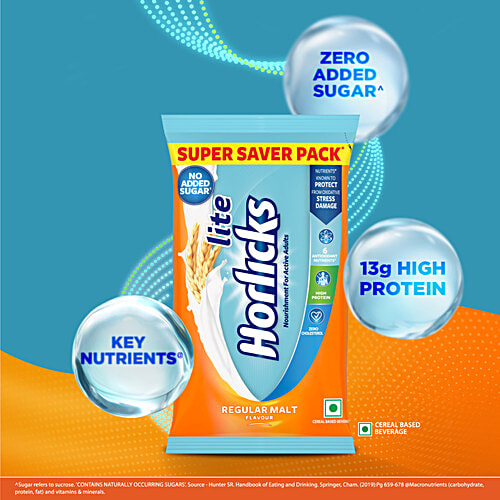 Horlicks Lite Regular Malt Nutrition Drink, 400 g Pouch Cereal Based Beverage, No Added Sugar, High Protein, Zero Cholesterol