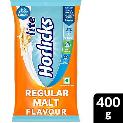 Horlicks Lite Regular Malt Nutrition Drink, 400 g Pouch Cereal Based Beverage, No Added Sugar, High Protein, Zero Cholesterol