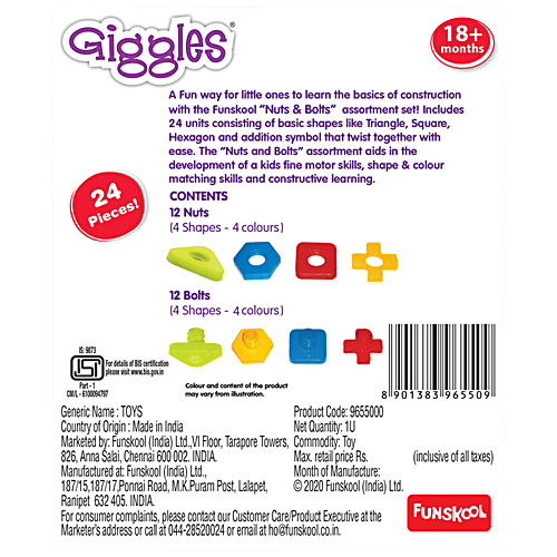 Giggles Nuts & Bolts - Interlocking Educational Blocks, Shape & Colours, 18+ Months, 1 pc  