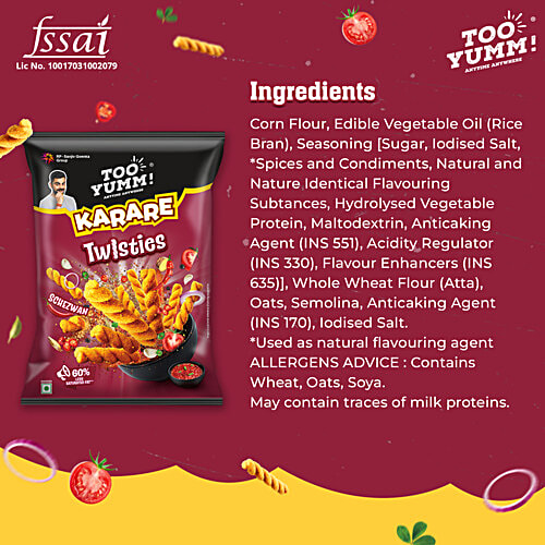 Too Yumm! Karare Twisties - Schezwan, 65 g Vegetarian, Lesser Saturated Fat