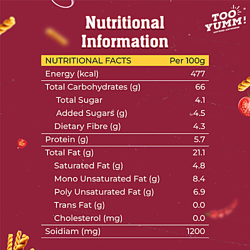 Too Yumm! Karare Twisties - Schezwan, 65 g Vegetarian, Lesser Saturated Fat