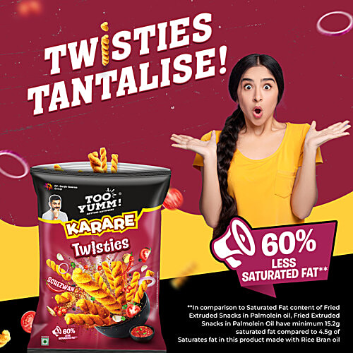 Too Yumm! Karare Twisties - Schezwan, 65 g Vegetarian, Lesser Saturated Fat