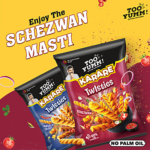 Too Yumm! Karare Twisties - Schezwan, 65 g Vegetarian, Lesser Saturated Fat