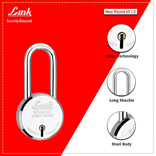 Link Locks Round 65 mm Double Locking Padlock - With 3 Keys, 393 g Lever Technology, Long Shackle, Steel Body
