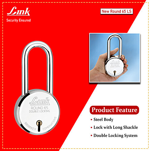 Link Locks Round 65 mm Double Locking Padlock - With 3 Keys, 393 g Lever Technology, Long Shackle, Steel Body