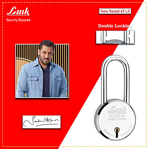Link Locks Round 65 mm Double Locking Padlock - With 3 Keys, 393 g Lever Technology, Long Shackle, Steel Body