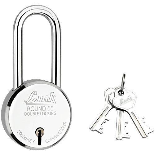 Link Locks Round 65 mm Double Locking Padlock - With 3 Keys, 393 g Lever Technology, Long Shackle, Steel Body