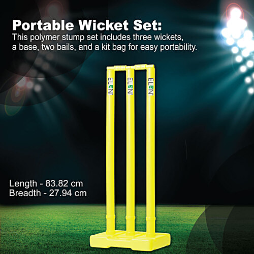 Elan Plastic Stump Set - With Three Wickets, Yellow, 10+ Years, L 83 X B 28 X H 8 Cm, 1 pc (Base, 2 Bails & 1 Kit Bag) Durable Construction
 Easy Setup
 Portable Wicket Set