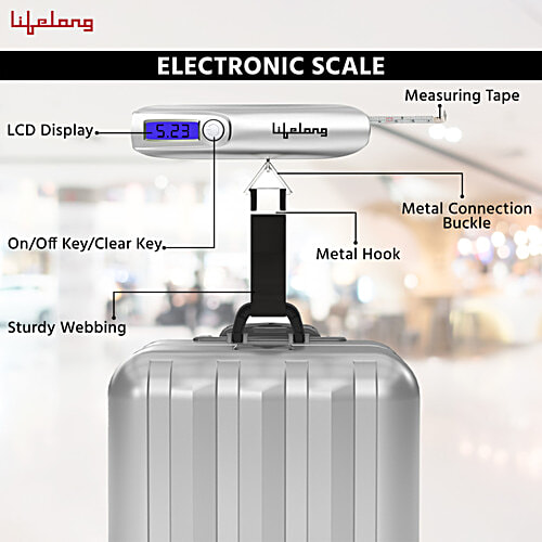 Lifelong Luggage Weighing Scale - For Flights, Travel, Gas Cylinder, Portable, 1 Year Warranty, Silver, LLGWS27, 1 pc  Included Battery 50kg with LCD Display,Hanging Weight Machine for Bags and Baggage,