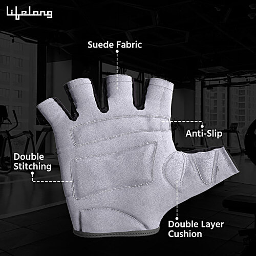 Lifelong Suede Exercise Gym Gloves - For Men Workout, Medium, Grey & Black, Llgg02, 1 pc  Cross Training, Weightlifting, Ideal for Cycling, Bike Riding and Other Sports Activities